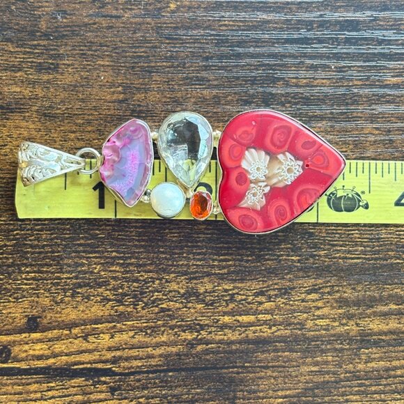 VTG Sterling Silver 925 Multi-Gemstone Glass Heart Pendant Size 3.25" Length - Picture 12 of 13